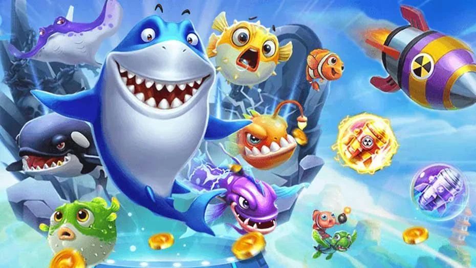 Adegan target ikan dan efek tembakan dalam permainan arcade bawah laut